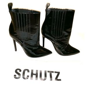 Schutz Black patten leather pointed toe booties